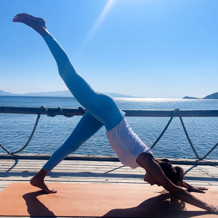 Yogalehrerin Esin Demirel – Dreibeiniger Hund am Steg